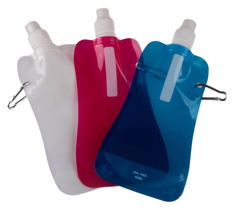 Clever Creations Collapsible Sports Water Bottle 3 Pack, Foldable Leak Proof Travel Bottles for Camping and Hiking, 480 mL Capacity, Blue, Pink, and White - Image 1